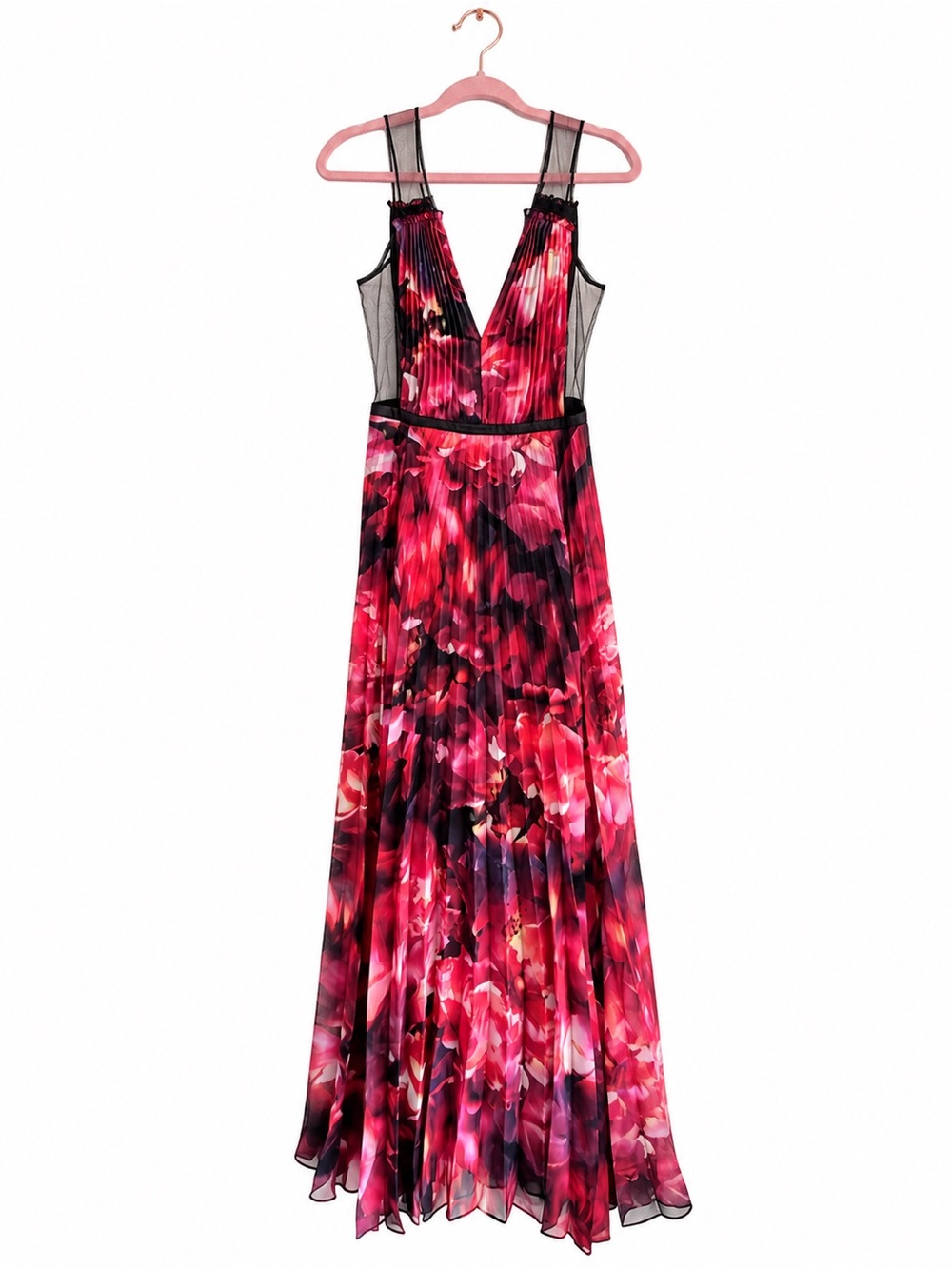 bebe Red-Pink Floral V-Neck Maxi Dress with Black Mesh